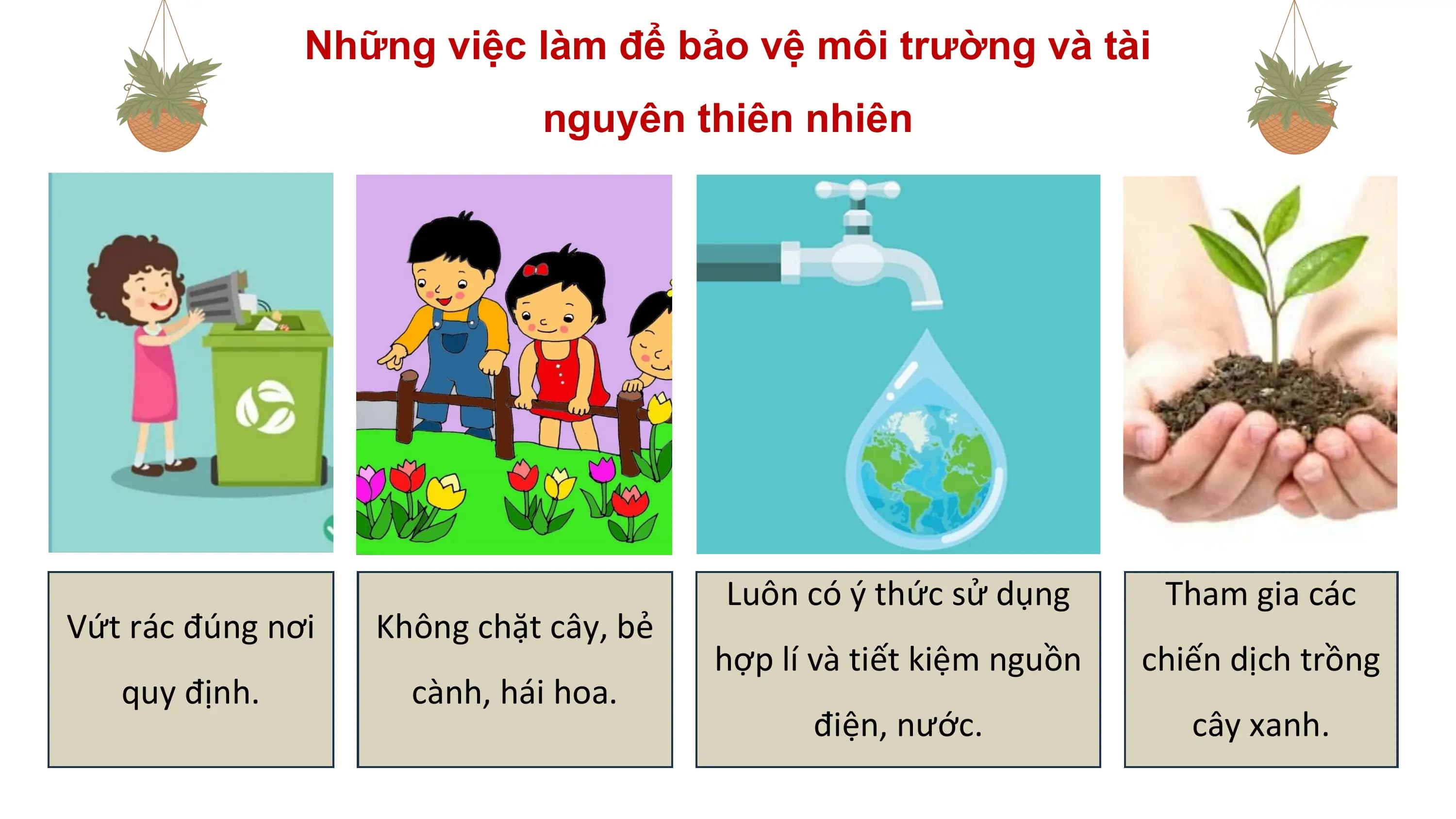 Những việc làm để bảo vệ môi trường và tài
 nguyên thiên nhiên

 Luôn có ý thức sử dụng Tham gia các
Vứt rác đúng nơi Không chặt cây, bẻ
 hợp lí và tiết kiệm nguồn chiến dịch trồng
 quy định. cành, hái hoa.
 điện, nước. cây xanh.
