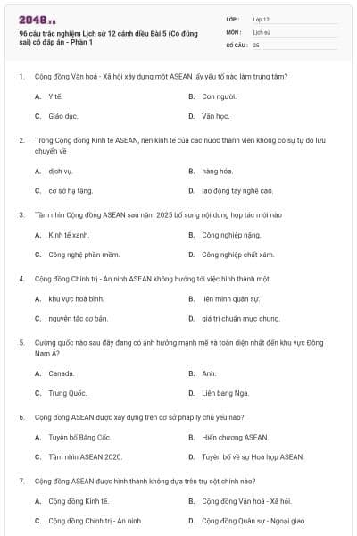 96 câu trắc nghiệm Lịch sử 12 cánh diều Bài 5 (Có đúng sai) có đáp án - Phần 1