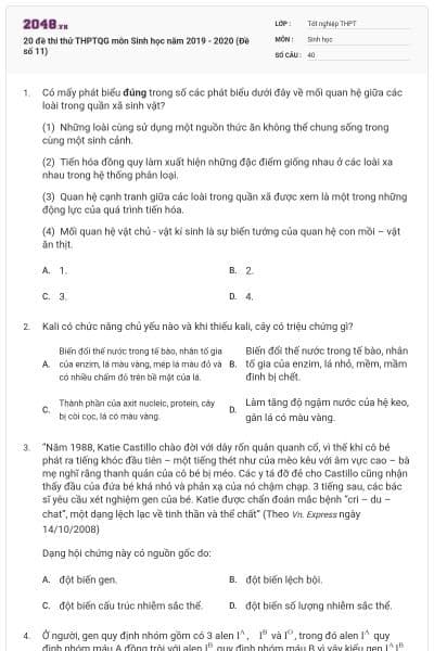 20 đề thi thử THPTQG môn Sinh học năm 2019 - 2020 (Đề số 11)