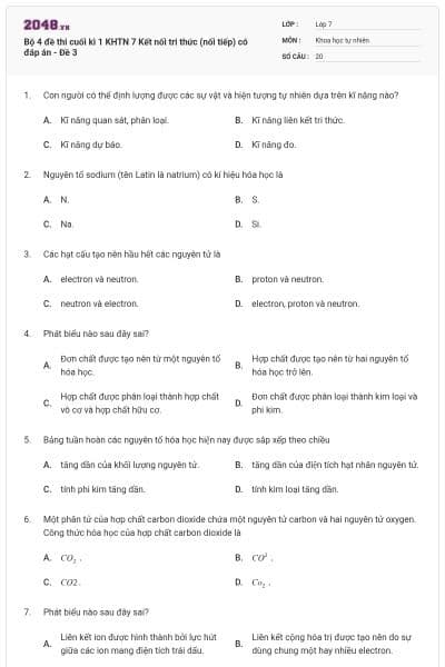Bộ 4 đề thi cuối kì 1 KHTN 7 Kết nối tri thức (nối tiếp) có đáp án - Đề 3