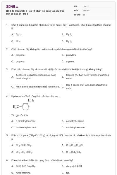 Bộ 3 đề thi cuối kì 2 Hóa 11 Chân trời sáng tạo cấu trúc mới có đáp án - Đề 3