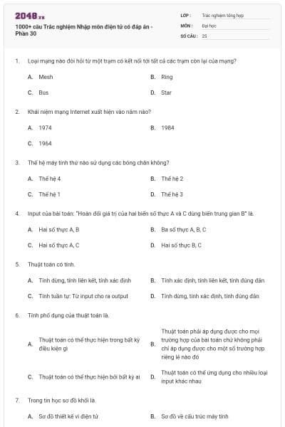 1000+ câu Trắc nghiệm Nhập môn điện tử có đáp án - Phần 30