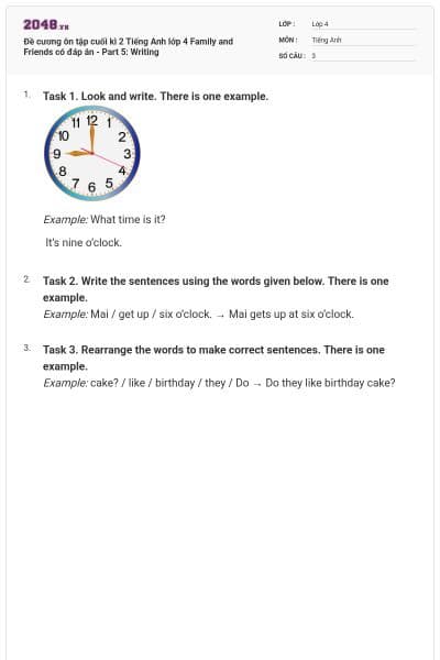 Đề cương ôn tập cuối kì 2 Tiếng Anh lớp 4 Family and Friends có đáp án - Part 5: Writing