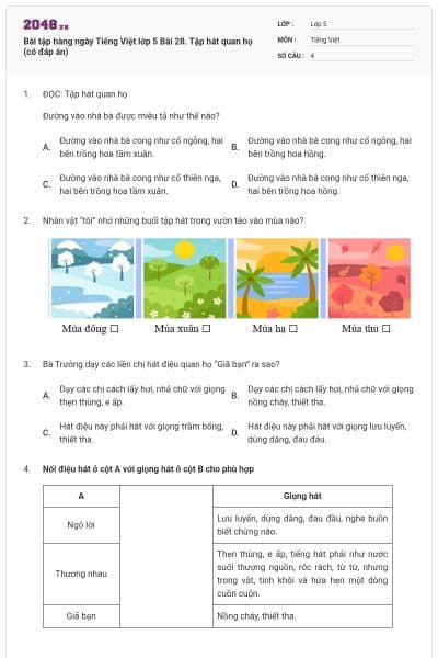 Bài tập hàng ngày Tiếng Việt lớp 5 Bài 28. Tập hát quan họ (có đáp án)
