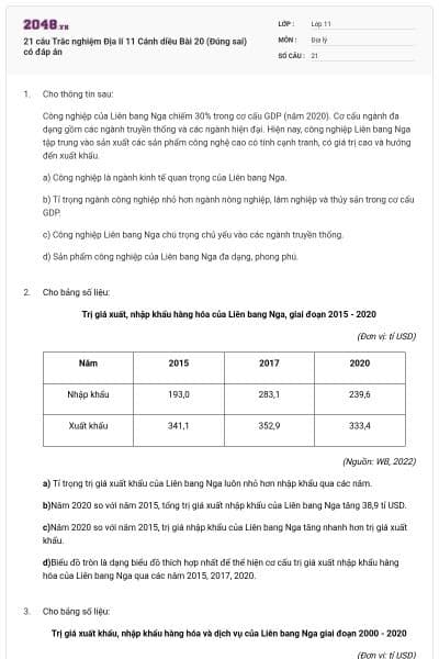 21 câu Trắc nghiệm Địa lí 11 Cánh diều Bài 20 (Đúng sai) có đáp án
