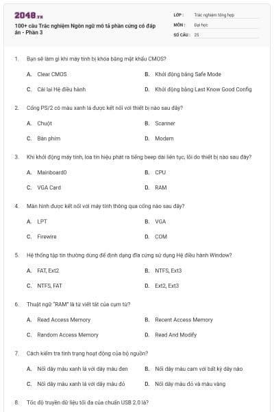 100+ câu Trắc nghiệm Ngôn ngữ mô tả phần cứng có đáp án - Phần 3