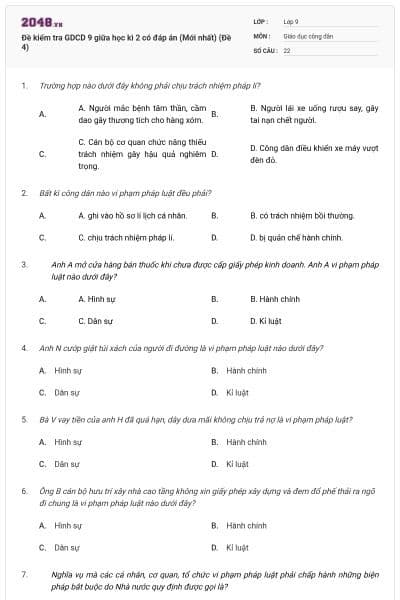 Đề kiểm tra GDCD 9 giữa học kì 2 có đáp án (Mới nhất) (Đề 4)
