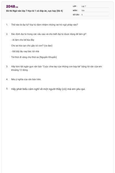 Đề thi Ngữ văn lớp 7 Học kì 1 có đáp án, cực hay (Đề 4)