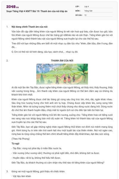 Soạn Tiếng Việt 4 KNTT Bài 19: Thanh âm của núi đáp án