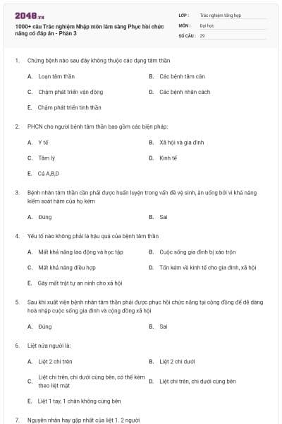 1000+ câu Trắc nghiệm Nhập môn lâm sàng Phục hồi chức năng có đáp án - Phần 3