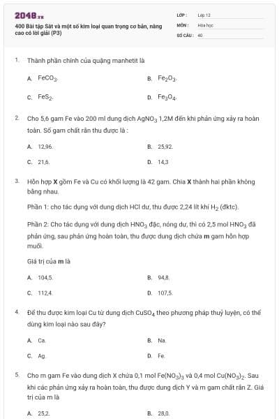 400 Bài tập Sắt và một số kim loại quan trọng cơ bản, nâng cao có lời giải (P3)