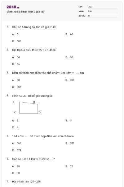 Đề thi học kì I môn Toán 3 (đề 16)