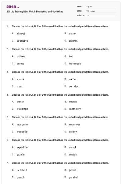 Bài tập Trắc nghiệm Unit 9 Phonetics and Speaking