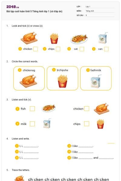 Bài tập cuối tuần Unit 5 Tiếng Anh lớp 1 (có đáp án)
