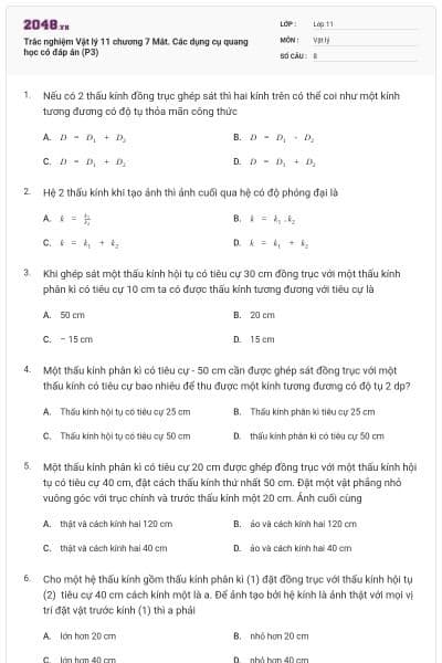 Trắc nghiệm Vật lý 11 chương 7 Mắt. Các dụng cụ quang học có đáp án (P3)