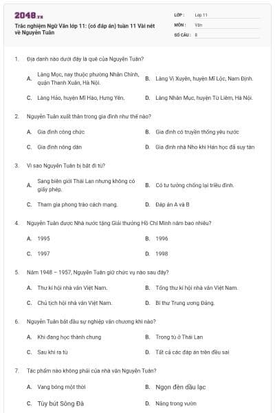 Trắc nghiệm Ngữ Văn lớp 11: (có đáp án) tuần 11 Vài nét về Nguyễn Tuân