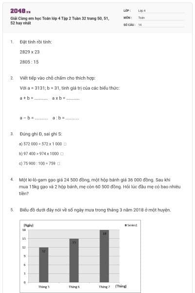 Giải Cùng em học Toán lớp 4 Tập 2 Tuần 32 trang 50, 51, 52 hay nhất