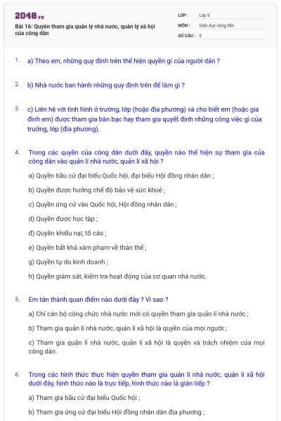 Bài 16: Quyền tham gia quản lý nhà nước, quản lý xã hội của công dân