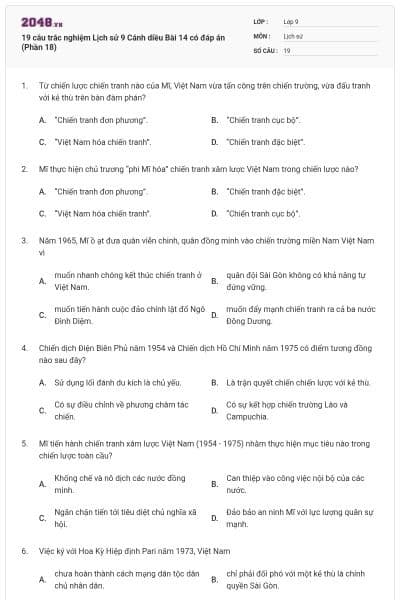 19 câu trắc nghiệm Lịch sử 9 Cánh diều Bài 14 có đáp án (Phần 18)