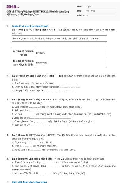 Giải VBT Tiếng Việt lớp 4 KNTT Bài 25: Khu bảo tồn động vật hoang dã Ngô-rông-gô-rô