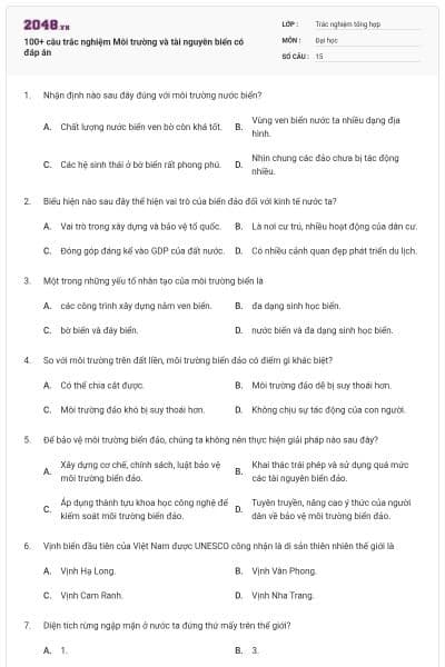 100+ câu trắc nghiệm Môi trường và tài nguyên biển có đáp án