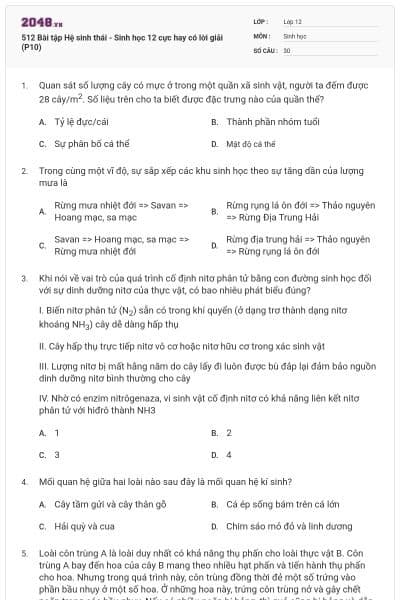 512 Bài tập Hệ sinh thái - Sinh học 12 cực hay có lời giải (P10)