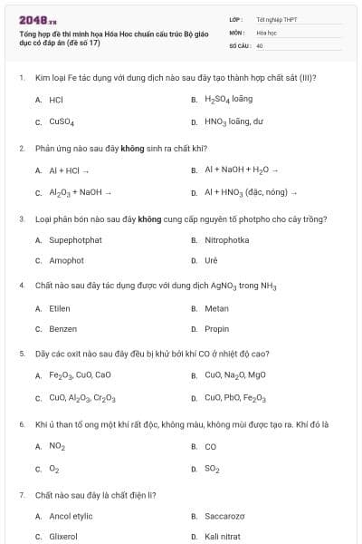 Tổng hợp đề thi minh họa Hóa Hoc chuẩn cấu trúc Bộ giáo dục có đáp án (đề số 17)