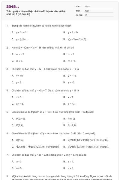 Trắc nghiệm Hàm số bậc nhất và đồ thị của hàm số bậc nhất lớp 8 (có đáp án)