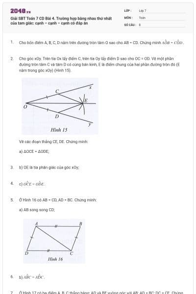 Giải SBT Toán 7 CD Bài 4. Trường hợp bằng nhau thứ nhất của tam giác: cạnh – cạnh – cạnh có đáp án