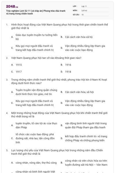 Trắc nghiệm Lịch Sử 11 (có đáp án) Phong trào đấu tranh vũ trang trong chiến tranh