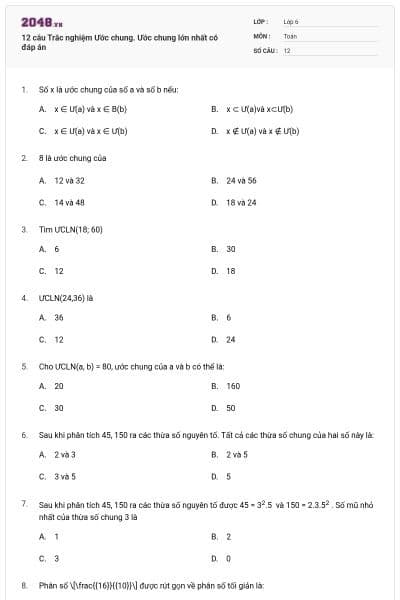 12 câu Trắc nghiệm Ước chung. Ước chung lớn nhất có đáp án