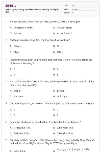 50 Bài tập Đại cương về hóa học hữu cơ siêu hay có lời giải (P2)