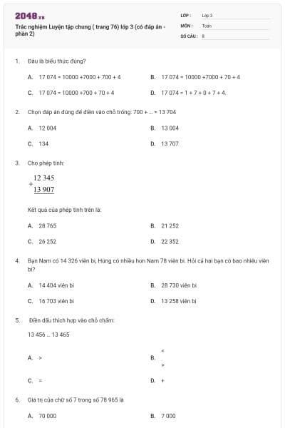 Trắc nghiệm Luyện tập chung ( trang 76) lớp 3 (có đáp án - phần 2)