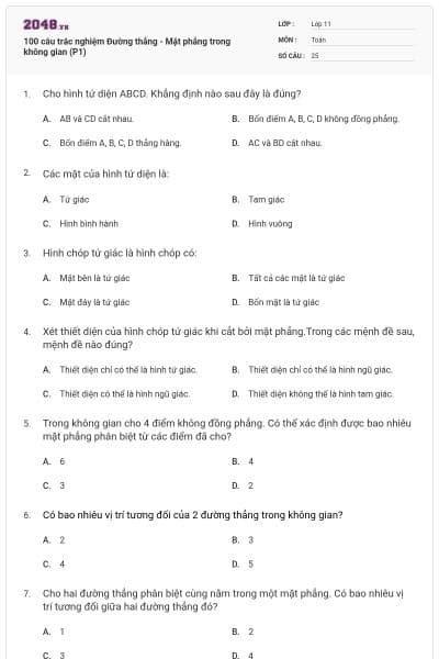 100 câu trắc nghiệm Đường thẳng - Mặt phẳng trong không gian (P1)