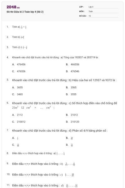 Đề thi Giữa kì 2 Toán lớp 4 (Đề 2)
