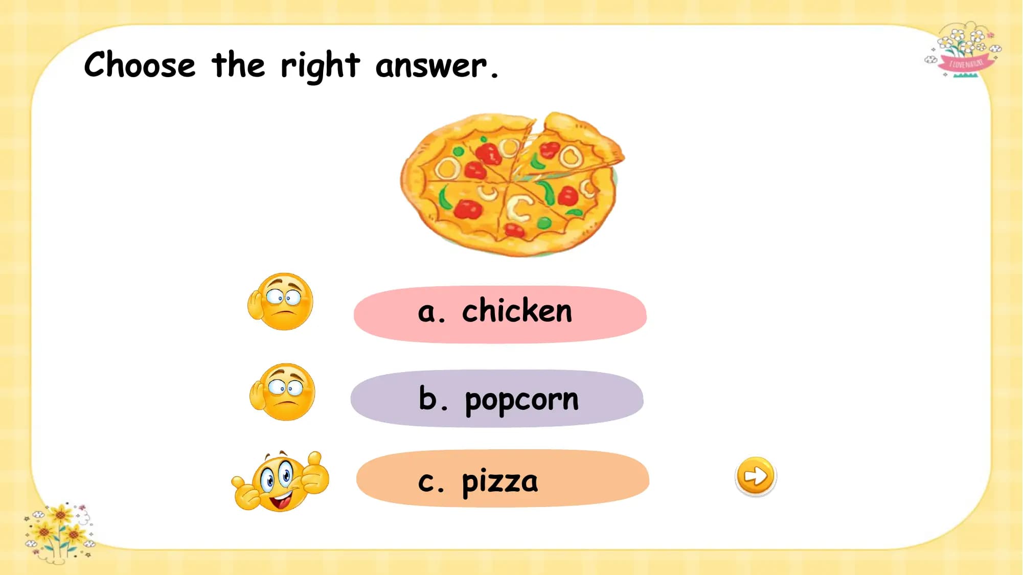 Choose the right answer.

 What is this ?
 a. chicken

 b. popcorn

 c. pizza