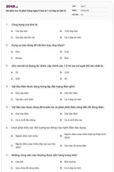 Đề kiểm tra 15 phút Công nghệ 9 Học kì 1 có đáp án (Đề 2)