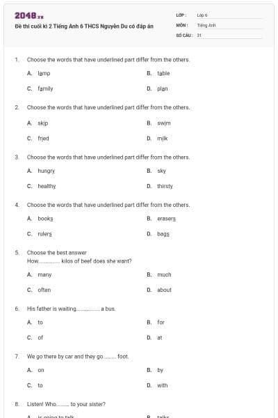 Đề thi cuối kì 2 Tiếng Anh 6 THCS Nguyễn Du có đáp án