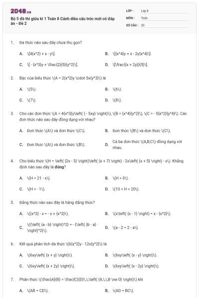 Bộ 5 đề thi giữa kì 1 Toán 8 Cánh diều cấu trúc mới có đáp án - Đề 2