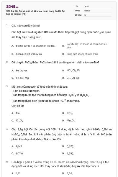 330 Bài tập Sắt và một số kim loại quan trọng ôn thi Đại học có lời giải (P6)