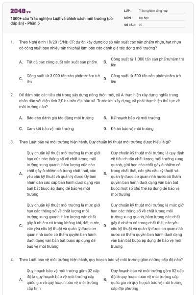 1000+ câu Trắc nghiệm Luật và chính sách môi trường (có đáp án) - Phần 5