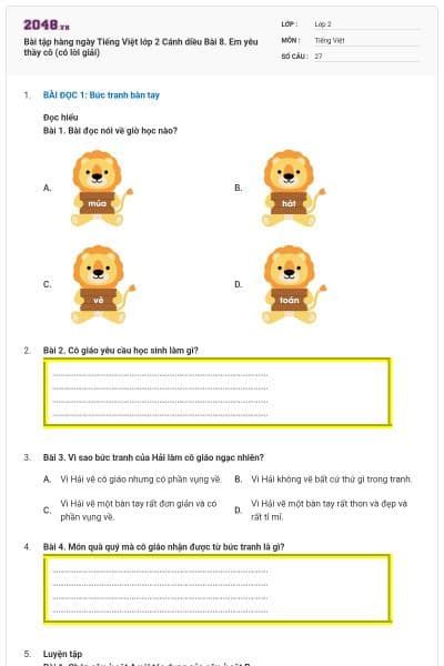 Bài tập hàng ngày Tiếng Việt lớp 2 Cánh diều Bài 8. Em yêu thầy cô (có lời giải)