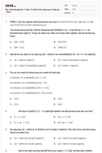 Bộ 10 đề thi giữa kì 1 Toán 10 Chân trời sáng tạo có đáp án - Đề 2