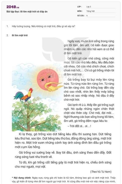 Bài tập Đọc: Đi tìm mặt trời có đáp án