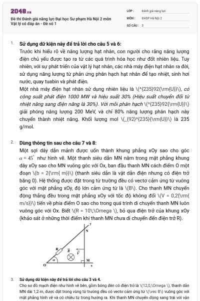 Đề thi Đánh giá năng lực Đại học Sư phạm Hà Nội 2 môn Vật lý có đáp án - Đề số 1