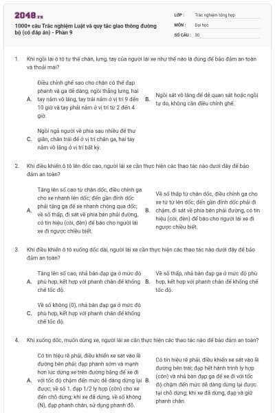 1000+ câu Trắc nghiệm Luật và quy tắc giao thông đường bộ (có đáp án) - Phần 9