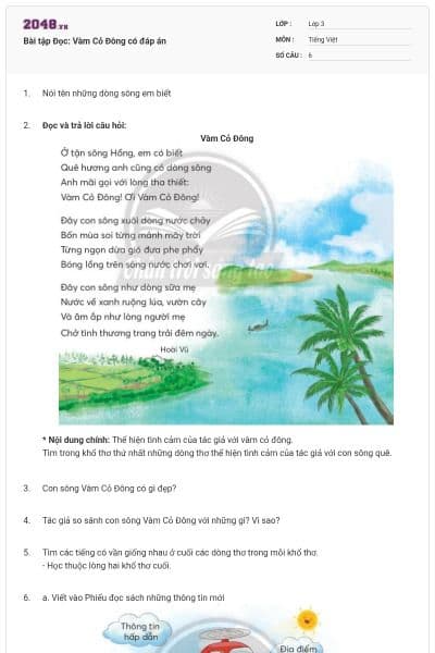 Bài tập Đọc: Vàm Cỏ Đông có đáp án