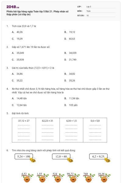 Phiếu bài tập hàng ngày Toán lớp 5 Bài 21. Phép nhân số thập phân (có đáp án)