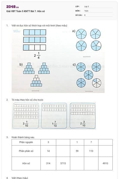 Giải VBT Toán 5 KNTT Bài 7. Hỗn số