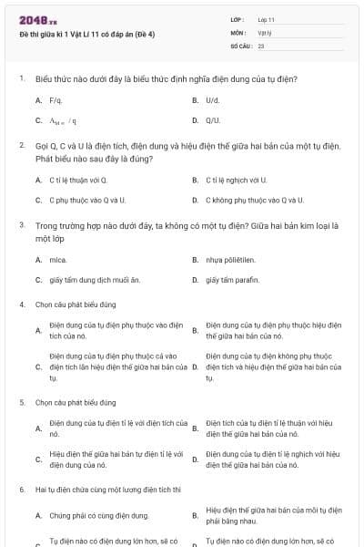 Đề thi giữa kì 1 Vật Lí 11 có đáp án (Đề 4)